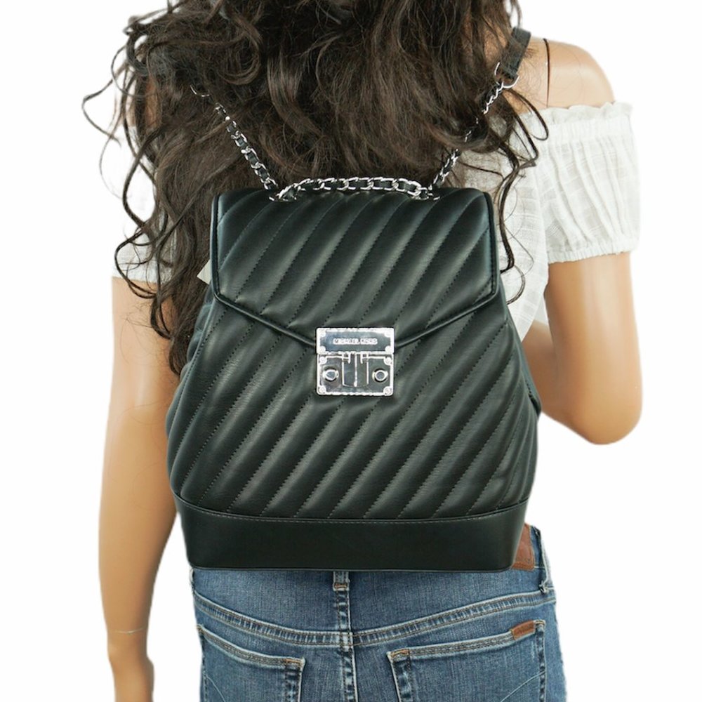 Michael Kors Rose Medium Backpack Vegan Soft Leather Quilted Stripe Black
